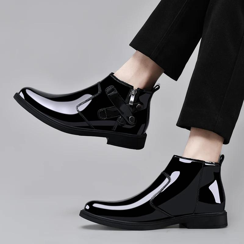 Fashion Winter Plush Ankle Boot Business Mirror Leather Chelsea Men's Boots Genuine Leather Wedding High Top Leather Shoes Cowboy Boots