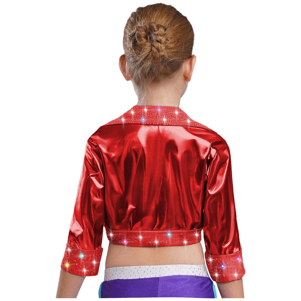 Mädchen Reverskragen Langarm Glänzende Strasssteine Metallische Jacke Jazz Dance Oberbekleidung