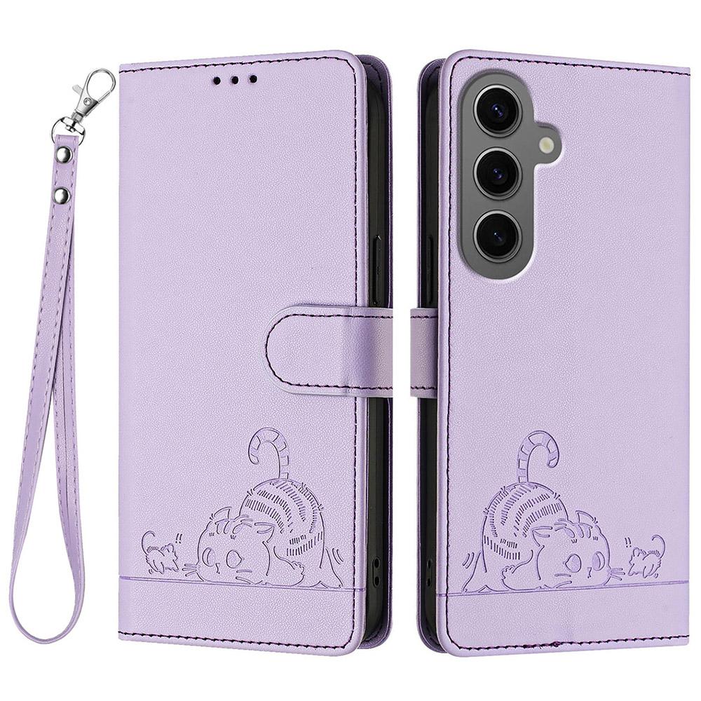 Für Samsung Galaxy S24+ Hülle mit Trageband RFID-Blockierendes Leder-Wallet Handyhülle Katze Maus Muster