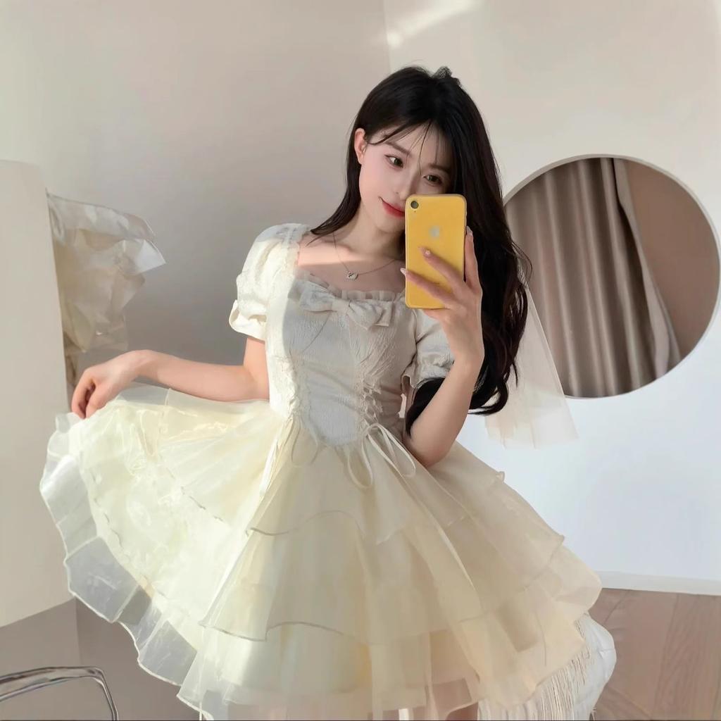 Summer 2026 fairy skirt bow jacquard organza fairy feeling dress princess puffy short skirt