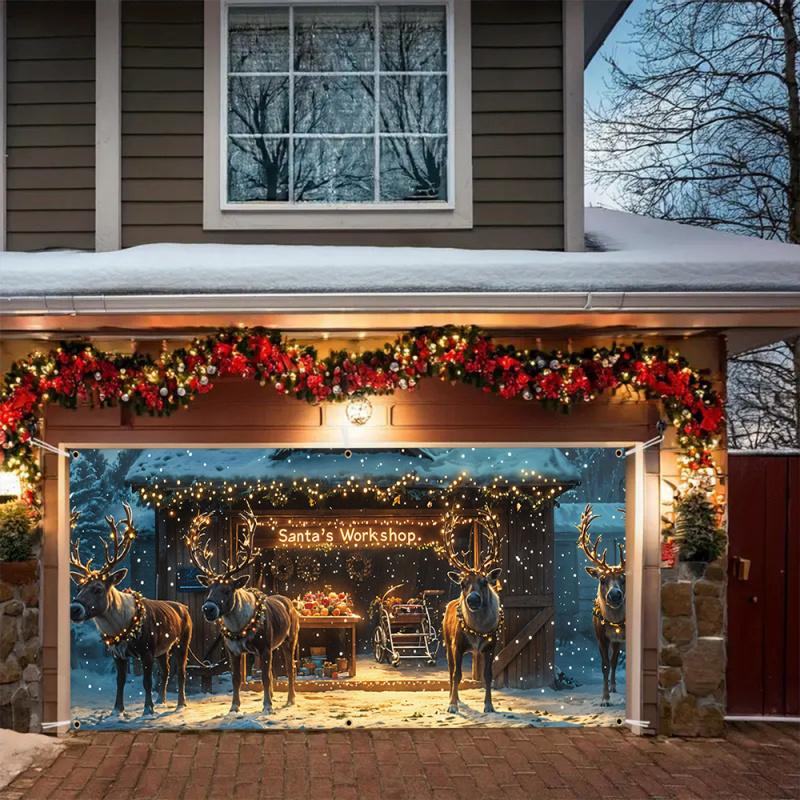1pc2D flat Christmas garage door banner for Christmas Eve winter New Year holiday home decoration no power required wsj