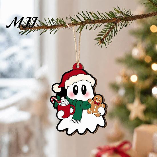 Wooden Hanging Decorations for Holiday Christmas Ghost Ornaments, Tree with Santa Hats Cute Ornaments Gothic Skull, Xmas Winter Party Supplies Window