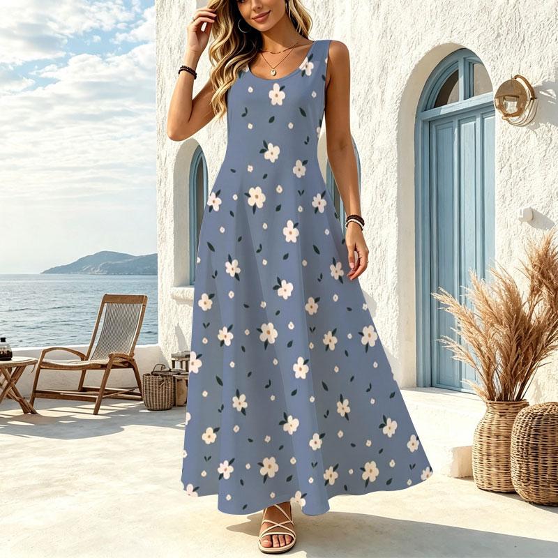 Women's Sleeveless Maxi Dress Flattering Flowy Design,Dainty Small Floral Pattern,Lightweight Fabric,Loose Fit,Fresh Style,Ideal for Vacation Leisure
