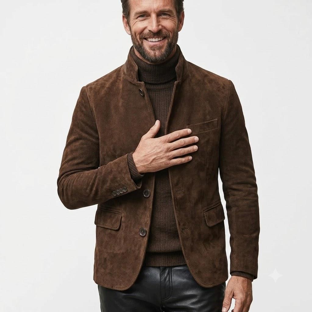 Stylish Pure Suede Real Lambskin Leather Formal Men's Handmade Blazer Brown Fit