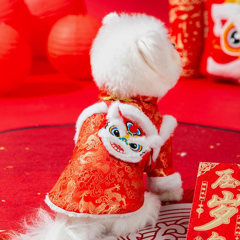 New Year's dog clothes bronzing satchel tiger head cotton-padded clothes Chinese New Year Tang clothing cat two feet thickened festive pet clothing
