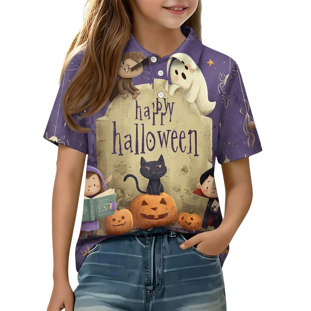 Kids Halloween Print Polo Shirt Short Sleeve Casual Tee Top with Button Collar for Boys Girls Comfortable Fit