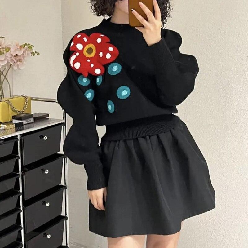 

Осенний новый модный воротник с длинными рукавами и цветочным узором, черный пуловер, великодушный свитер