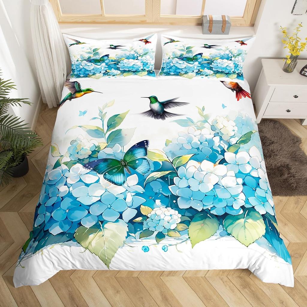 Hummingbird Floral Duvet Cover Birds Bedding Set Blue Green Spring Wild Animals Botanical Comforter Cover Polyester Quilt Cover