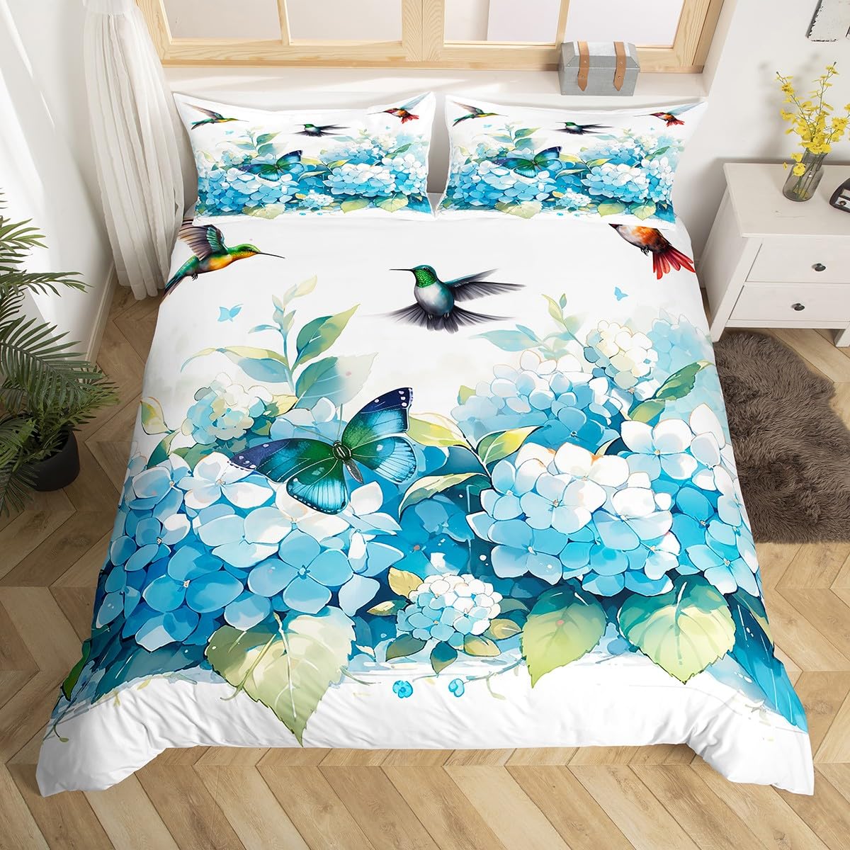 Housse de couette florale colibri Ensemble de literie oiseaux Bleu Vert Printemps Animaux sauvages Botanique Housse de couette Polyester Housse de couette EU Single(135x200cm)