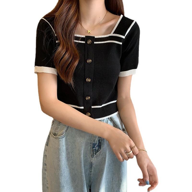 Spring and Summer Square Neck Backless Short-sleeved Slim Thin Color Collision Short Section Bottoming Knit Sweater Tops Women Casual Pullovers Tees