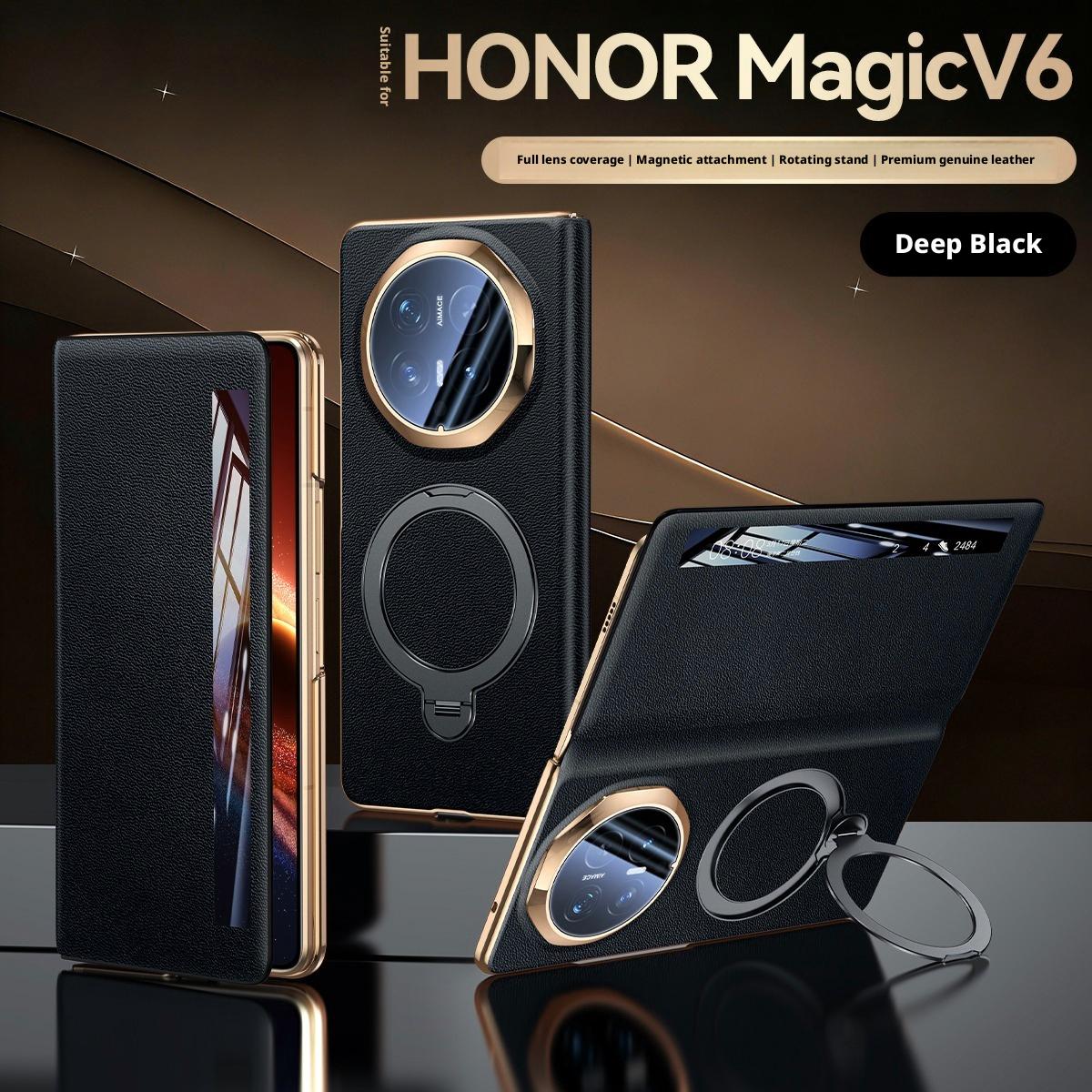 

Premium Genuine Leather Case For Honor Magic V6 360° Rotating Stand Smart Window Answer Calls Lens Protective Cover Genuine Leather&Honor Magic V6 чорний
