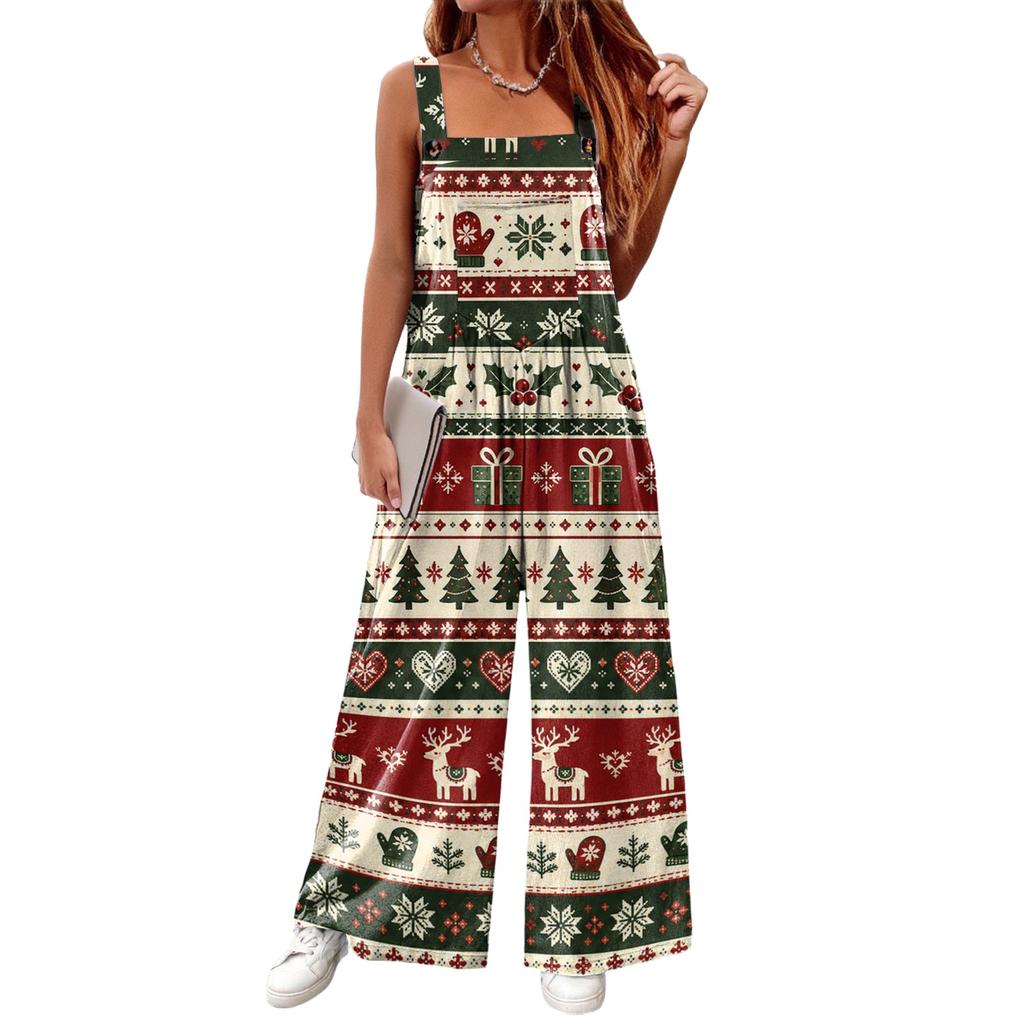 Women's Casual Sleeveless Cotton Jumpsuit with Christmas Print for Holiday Parties and Everyday Wear