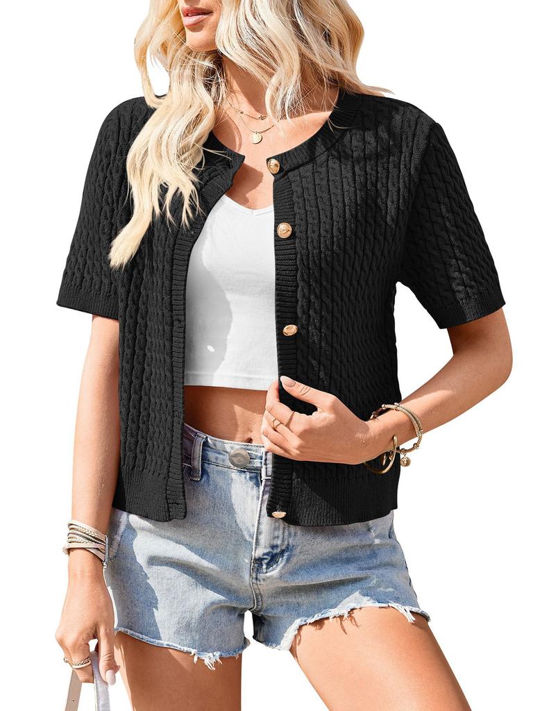 Women European Style Short Sleeve Button Front Cropped Round Neck Knitted Cardigan Sweater
