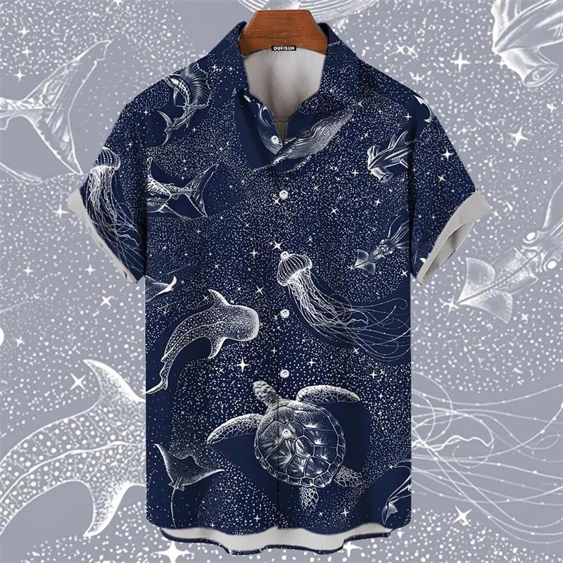 2025 Men's Shirt Hawaiian Marine Animal Print Top 2025 New Summer Whale Pattern Short Sleeved Top Camisas Estampadas