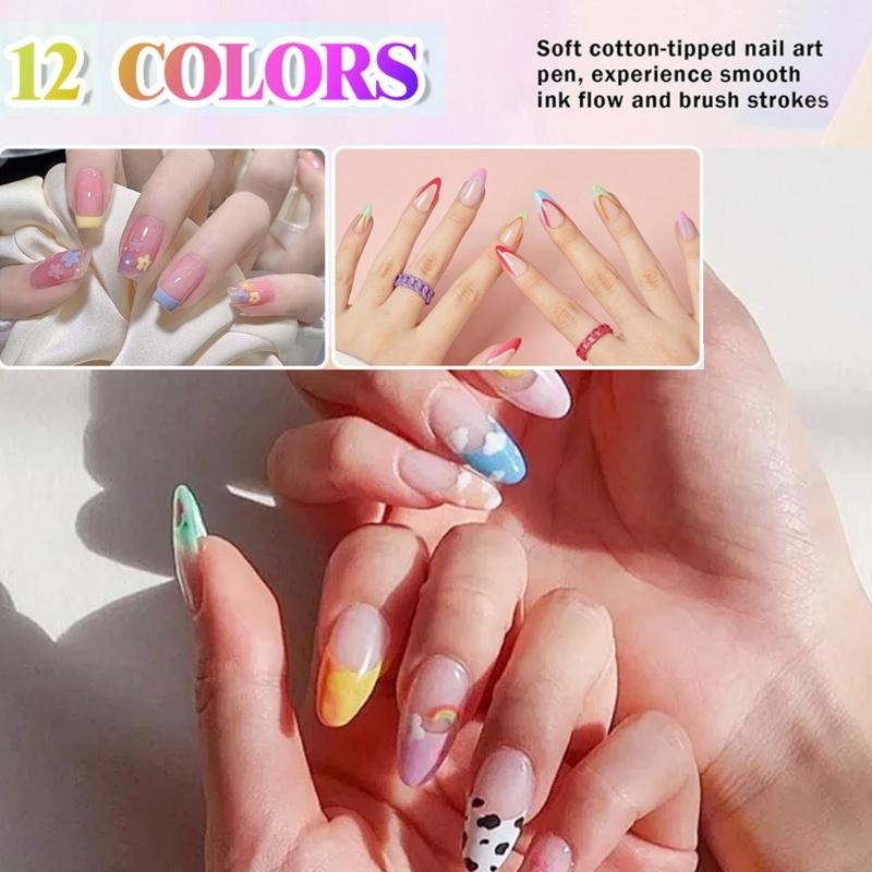 12 Color Quick Dry Nail Art Pens Fine Tip for Precise Drawing Not Require Lamp Water Based Safe for DIY Manicures
