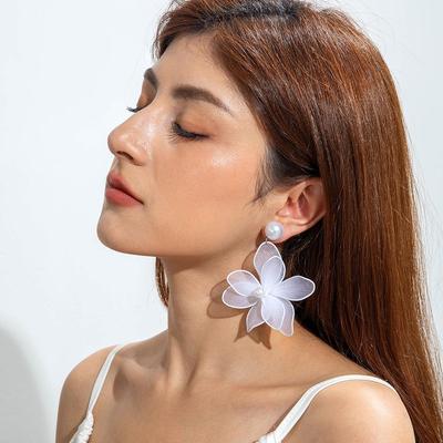 Cross Border New Fabric Flower Exaggerated Flower Pendant Earrings for Women's Jewelry Imitation Pearl Earrings