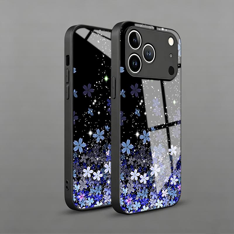 Starry Sky Blue Purple Floral Tempered Glass Phone Case For Samsung Galaxy S26 Ultra S25 S24 Ultra Plus 5G S23 FE Protect Cover