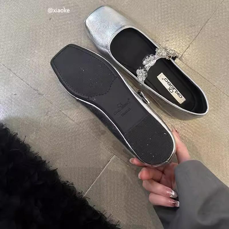 Fashion 2025 New Fashion Square Head Shallow Mouth Fold Mary Jane Shoes Women's New Fall Rhinestone Pearl Buckle Low Heel Shoes
