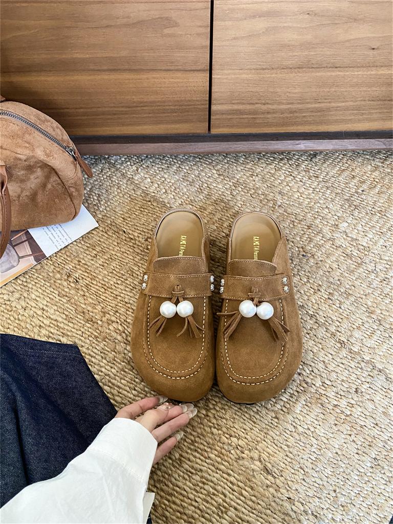 2025 Autumn and Winter New Outer Wear Thick-soled One-pedal Muller Bag Head Half Slippers Women's Fringed Cool Slippers