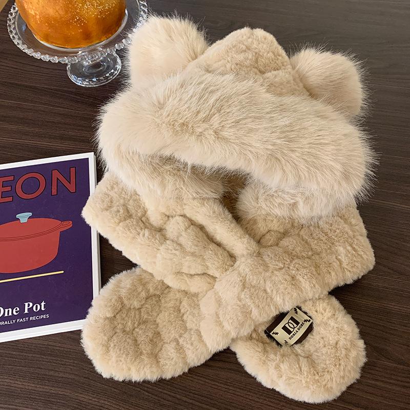 Bear Plush Hat Scarf Integrated Female Autumn and Winter Korean Version Shows a Small and Versatile Face Thickened Warm Ear Protection Lei Feng Hat