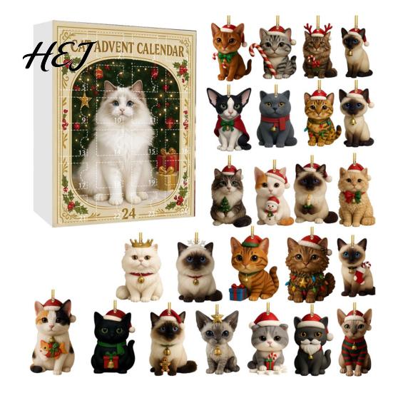 Holiday Countdown Gift Box 24 Day Cat Advent Calendar with Acrylic Christmas Ornaments, 2D Flat Animal Themed Ornaments Hanging Decorations, Xmas Tree