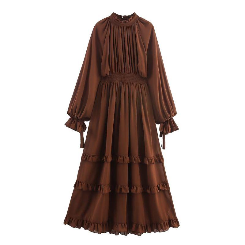 Kaslead New Women Clothes Western Style Fashion Slimming Multi-Layer Lotus Leaf Trim Waist Hugging Long Dress