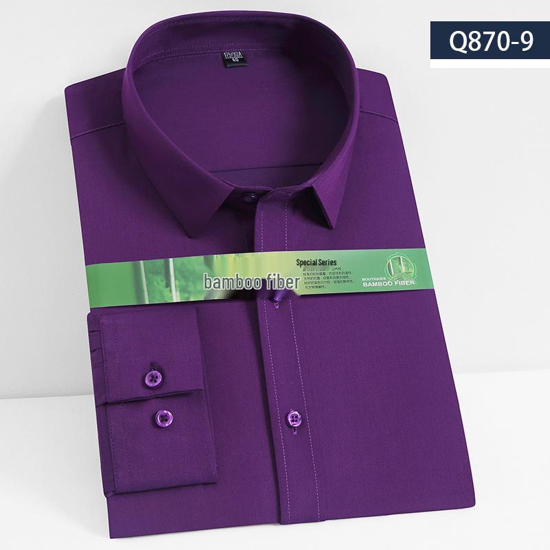 Men's Long Sleeve Bamboo Fiber Slim Fit Shirt - Solid Color, Iron-Free, Micro-Elastic.