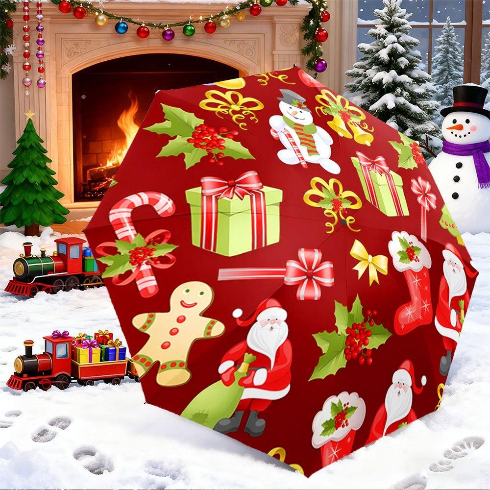 

Open/Close Portable Folding Umbrella with Christmas Santa, Snowman & Gift Patterns - 8-Rib Compact Travel Umbrella for /Men, F (as the picture,Iron&8K)