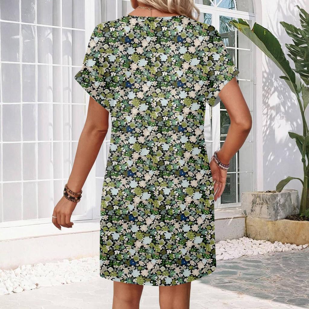 Short Sleeve Women's Dress Casual Dresses With Pockets V Neck Vocation Boho Beach Sundress