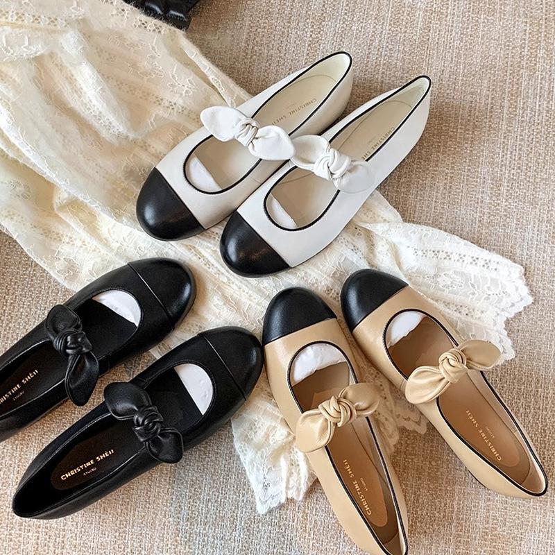 Sheepskin version of the same style, Princess Nini, Xiaoxiangfeng, round head bow, ballet shoes, single shoes, women's Mary Jane shoes