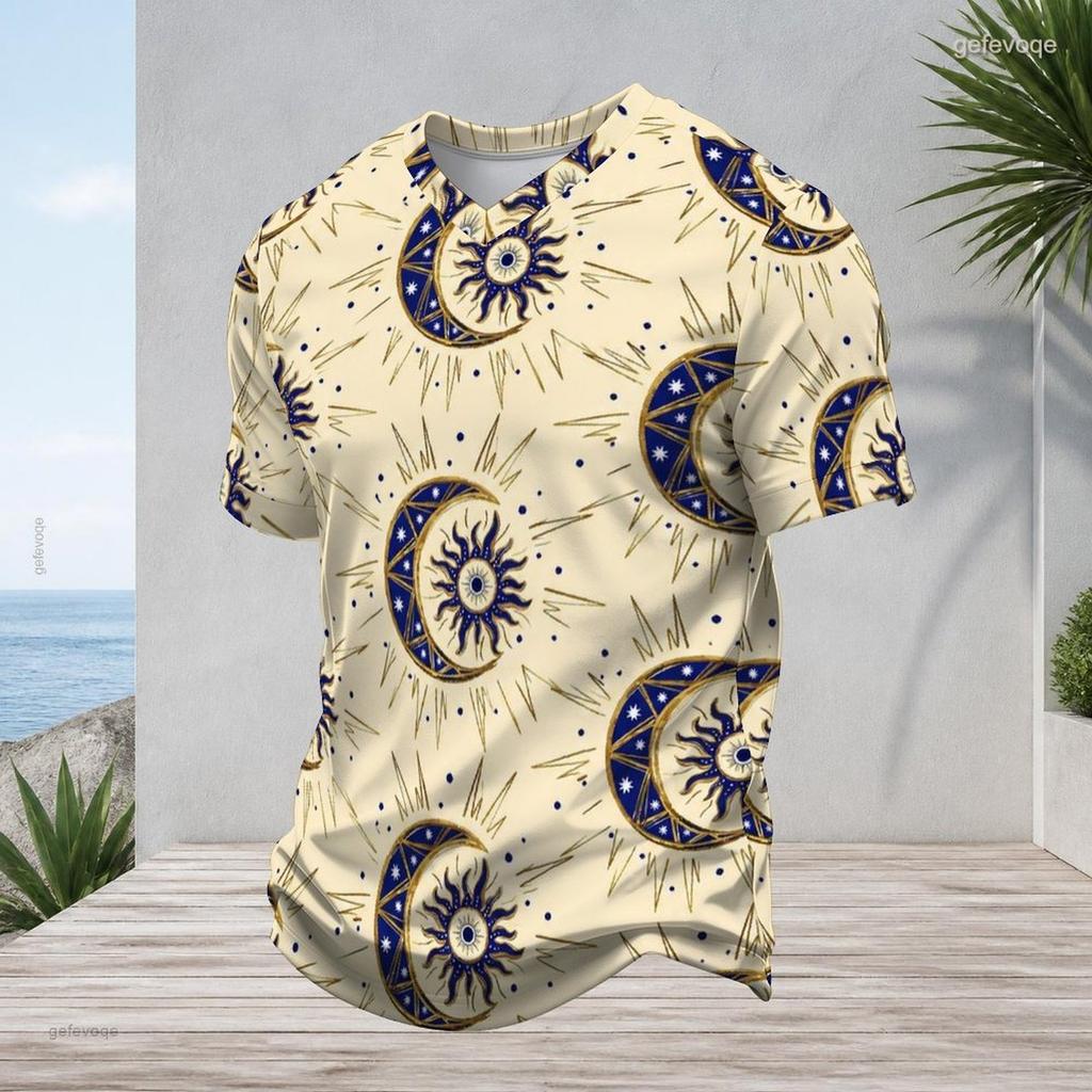 Men Plus Size V Neck Short Sleeve T Shirt Retro Mountain Print Brown Casual Pullover