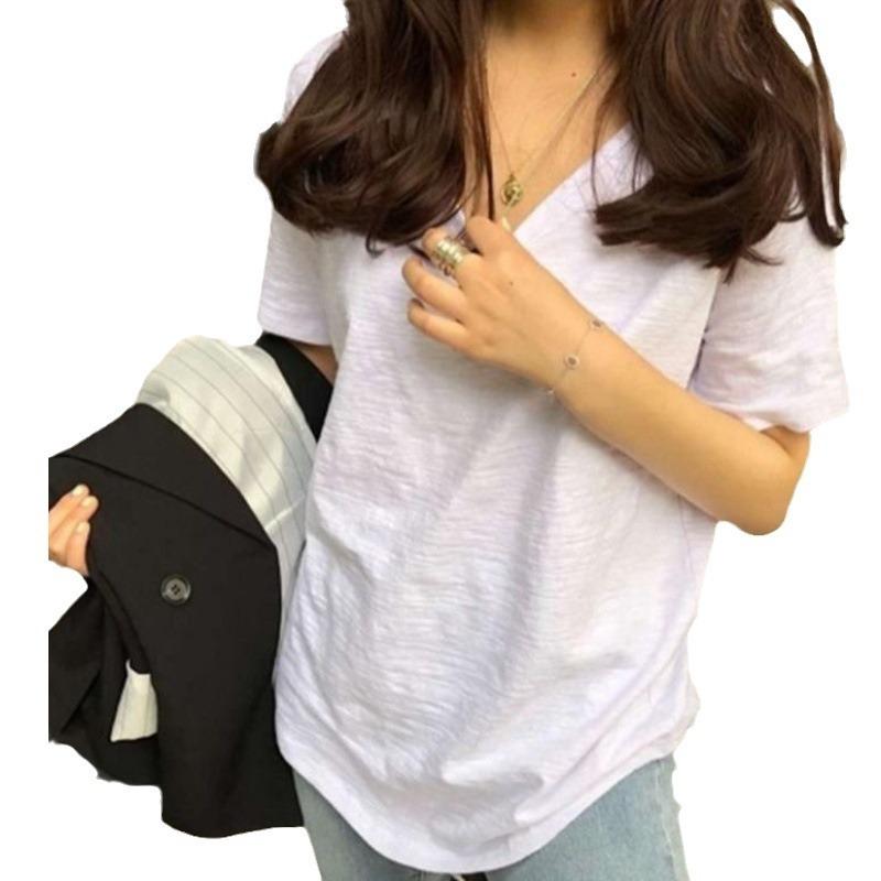 Slub Cotton T-shirt Women's Summer New Style V-neck Inner Bottoming Shirt Trend Top Short-sleeved Loose and Thin