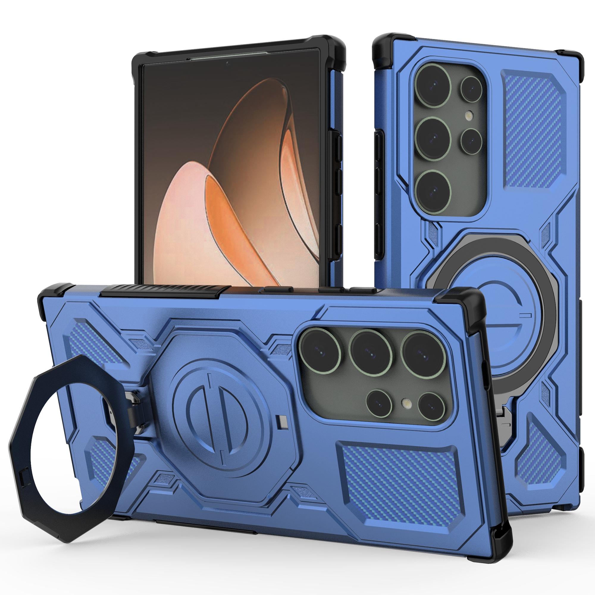

For Samsung Galaxy S24 Ultra Magnetic Case Rotating Metal Kickstand PC+TPU Phone Back Cover Dark Blue
