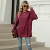 Autumn Winter Round Neck Pocket Hem Slit Loose T-shirt Solid Color Knitwear Pullover Top for Women