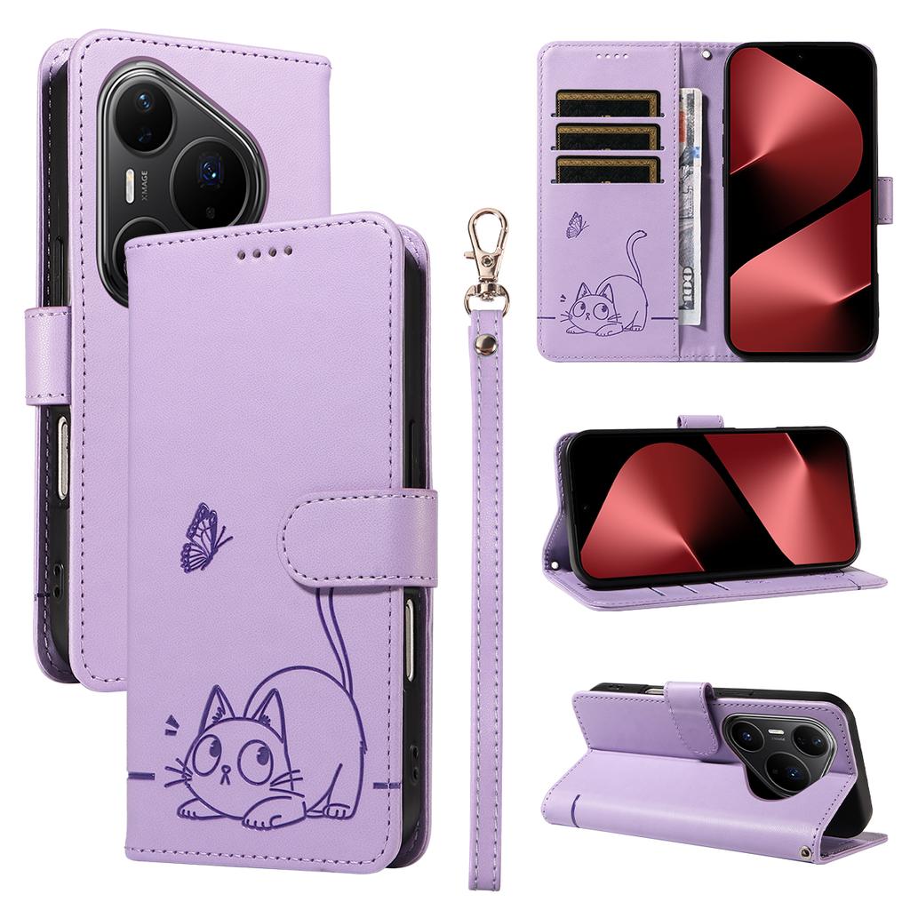 For Huawei Pura 80 Pro+/Huawei Pura 80 Pro Case Cat Pattern Imprint Leather Phone Cover with Wrist Strap