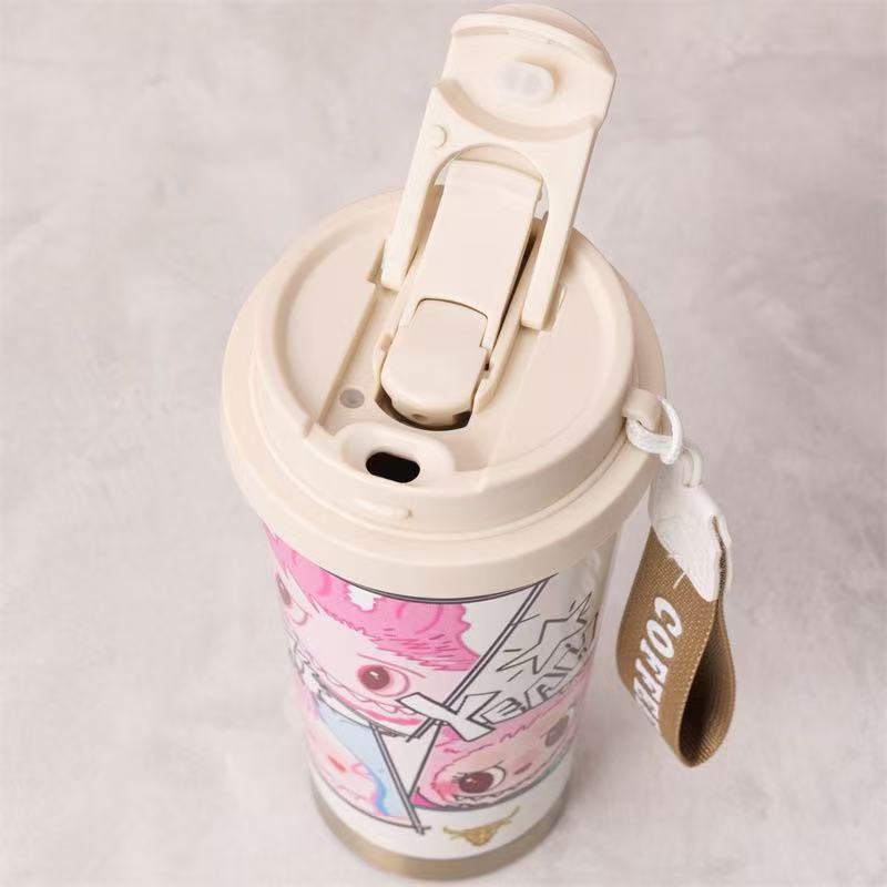 304 Stainless Steel Thermos Cup Cartoon Pattern Portable Lily of The Valley Cup Girls High Value with Straw