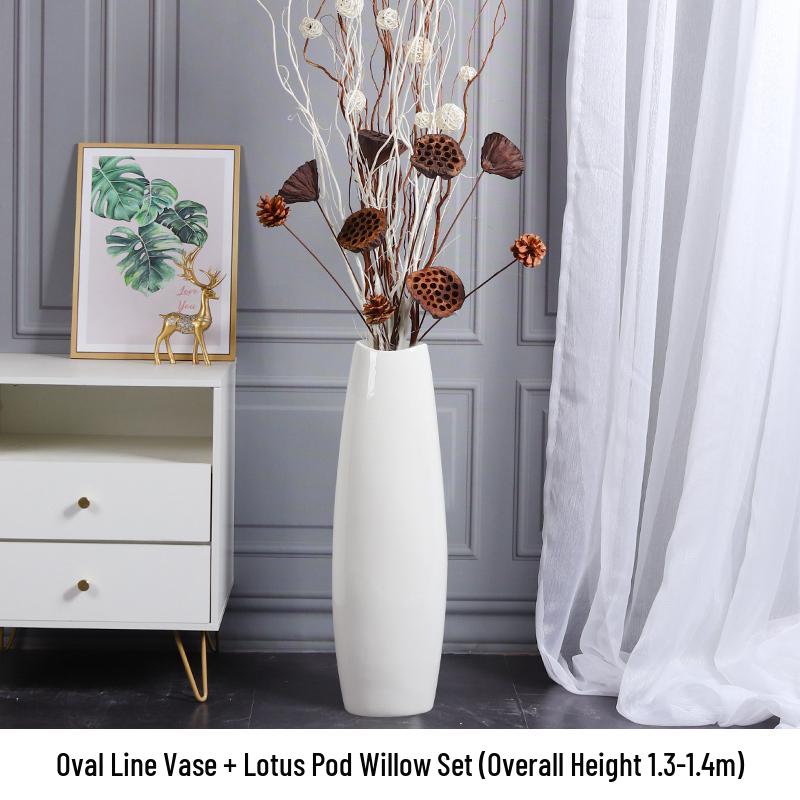 Nordic Minimalist Ceramic White Floor Vase for Dried Flowers and Lucky Bamboo, Living Room Decor