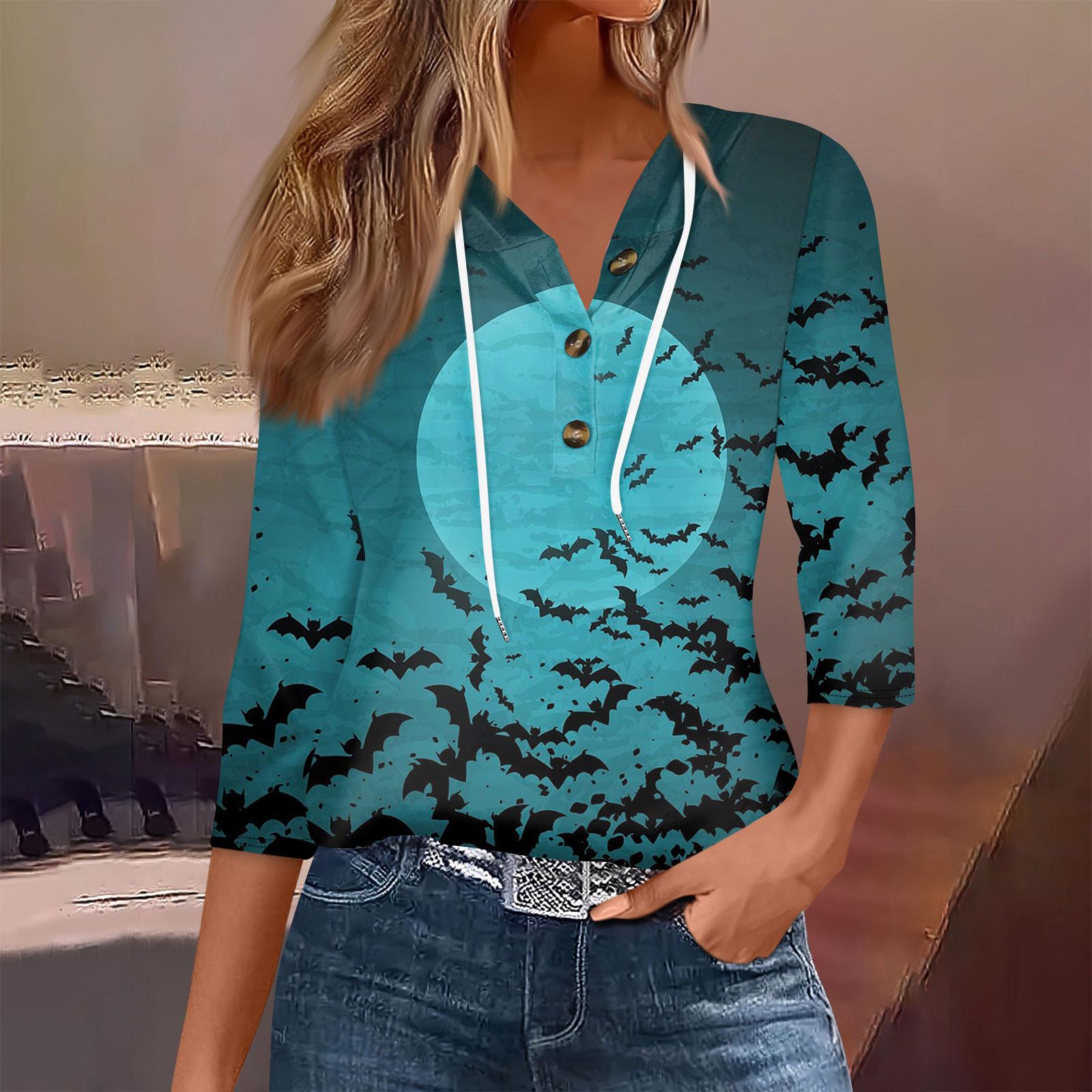 

Женская мода, повседневная футболка с капюшоном и принтом на Хэллоуин, семь рукавов, на пуговицах L синий