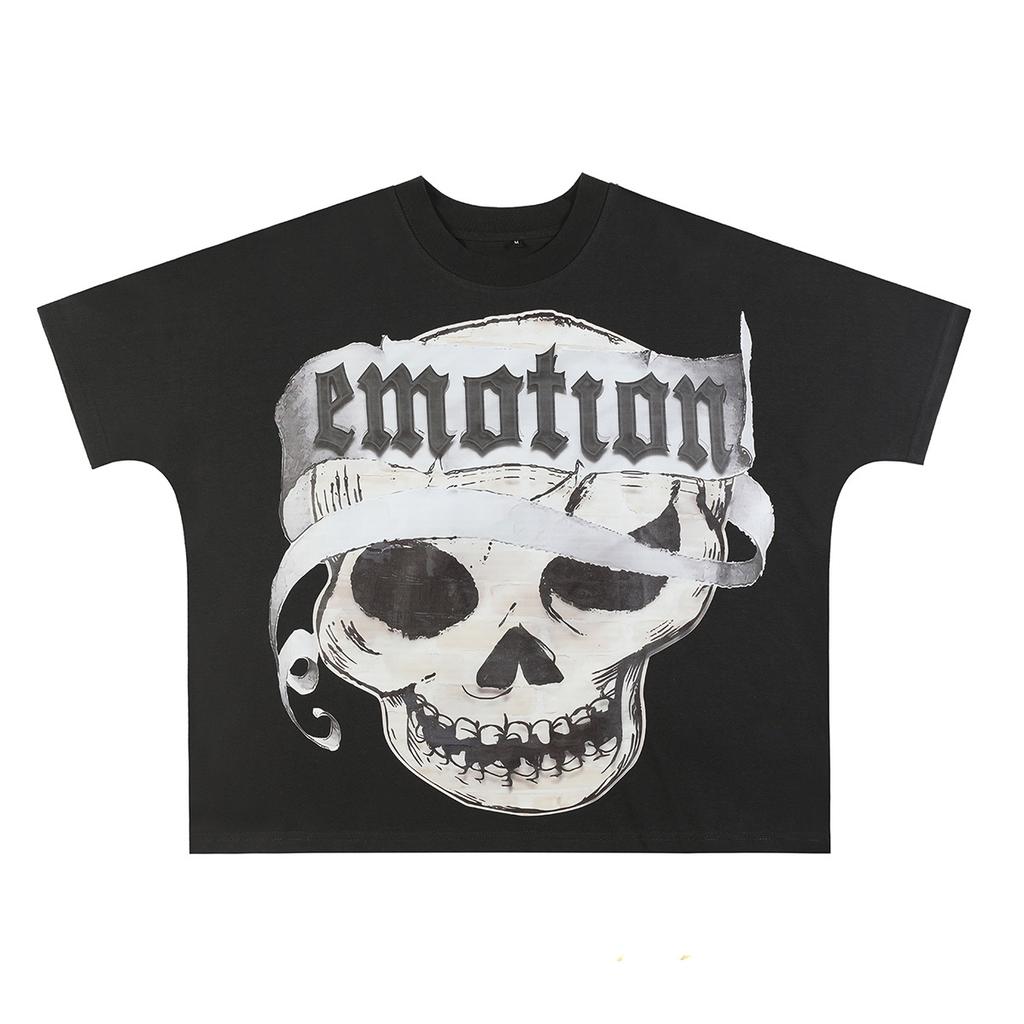 Summer Men's and Women's "Mixed Emotion" Gothic Skull Print Oversized T-Shirt Streetwear Cotton Short Sleeve Tee