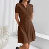 Women Summer Casual Short Sleeve Lapel Solid Color Above Knee One Piece Dress