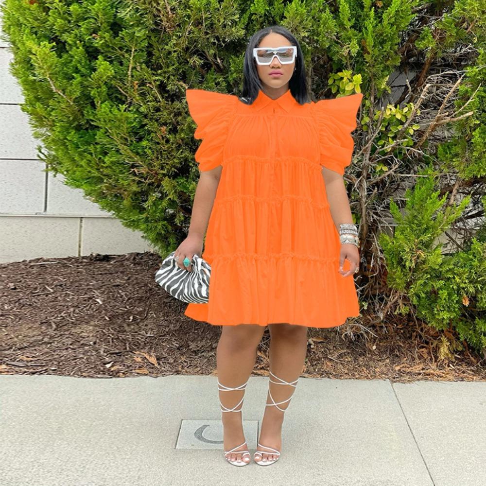 Women's Polo Collar Short Sleeve Loose Fit High Waist Sweet Mini Dress Shirt Dress Solid Cotton Ruffle Tiered Puff Sleeve Summer Casual Flared Dress