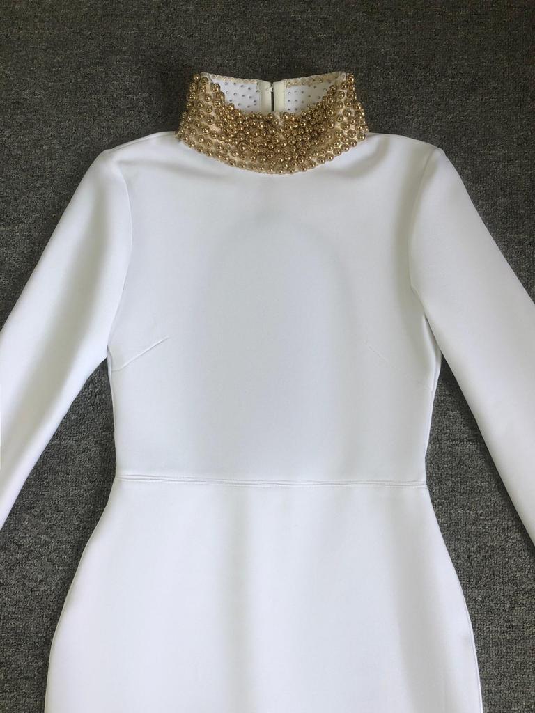 Beaded Stand Collar Backless Bodycon European & American Long Dress - Retro Light Luxury Design
