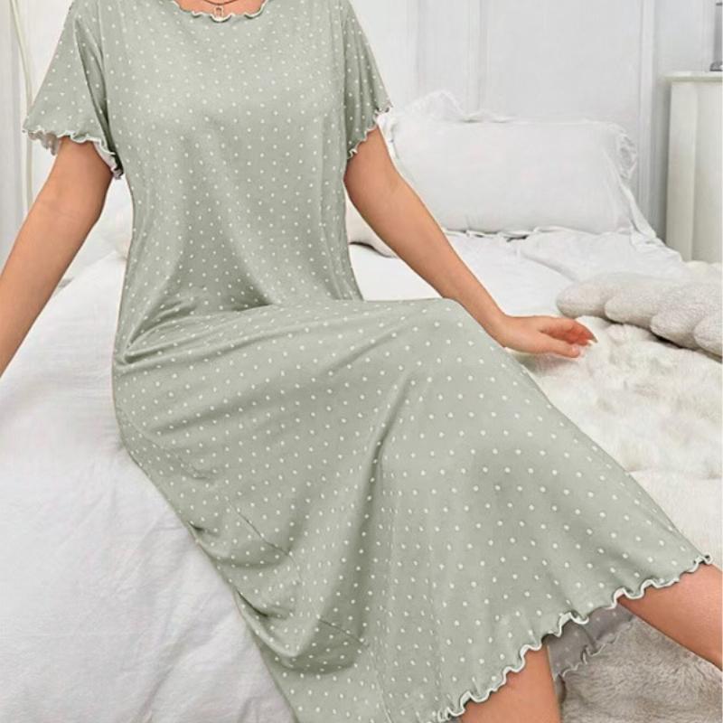 

New Polka Dot Short-sleeved Home Sleeping Dress with Black Ear Trim Comfortable and Flowing Dress S зелений
