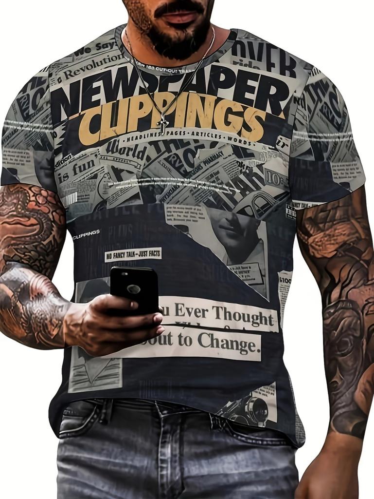 Herren T-Shirts Alte Zeitung 3D-Druck Herren Sommer Lässig Mode Hip Hop Lustig Kurzarm Neue Streetwear Vintage T-Shirts Oberteile Hemd