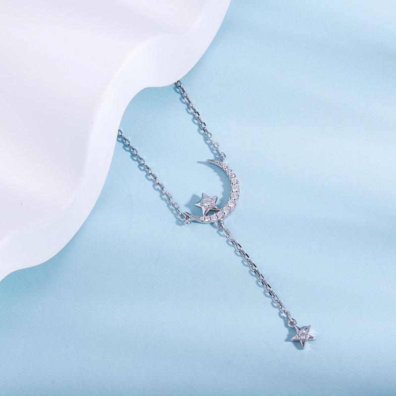 

925 Sterling Silver Star & Moon Tassel Clavicle Necklace - Korean Style Mori Choker, Women s Christmas Gift біле золото кольору