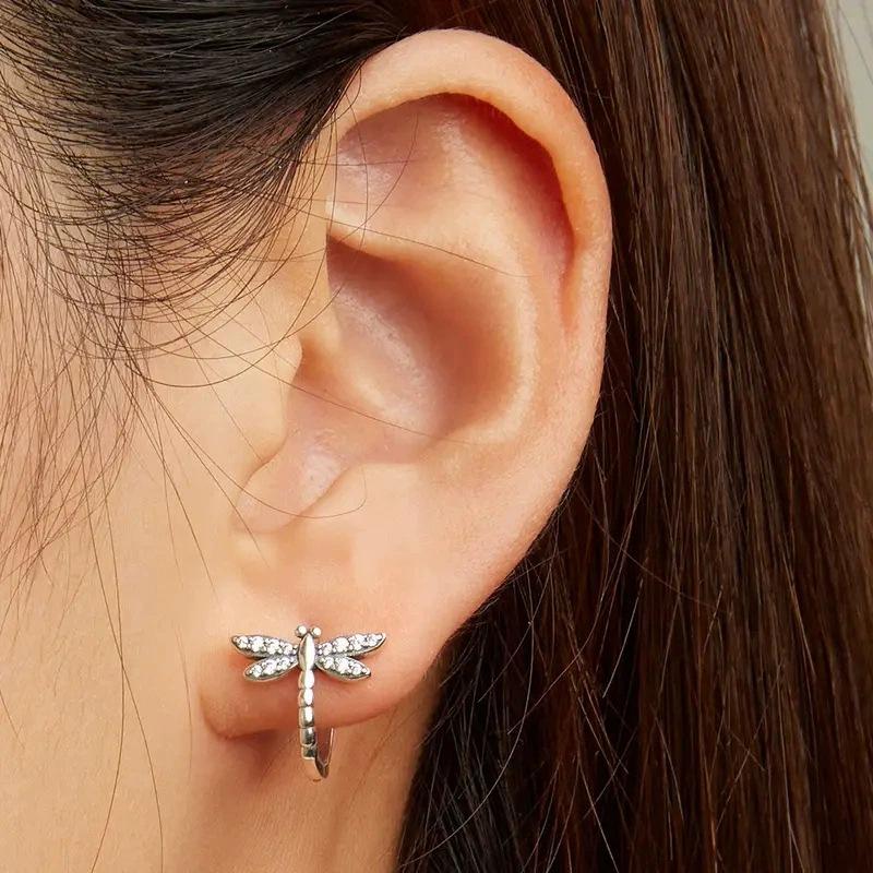 S925 Sterling Silver Dragonfly Sparkling CZ Hoop Earrings Hypoallergenic Animal Huggie Earrings for Women Jewelry