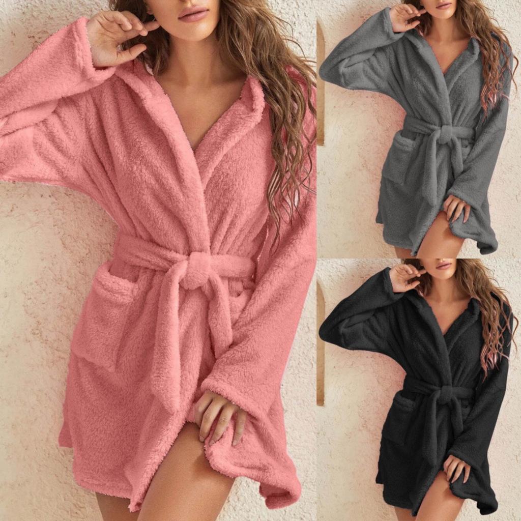 Autumn and Winter Hooded Home Plush Pajamas Short Sleeved Solid Color Warm, Nightgown