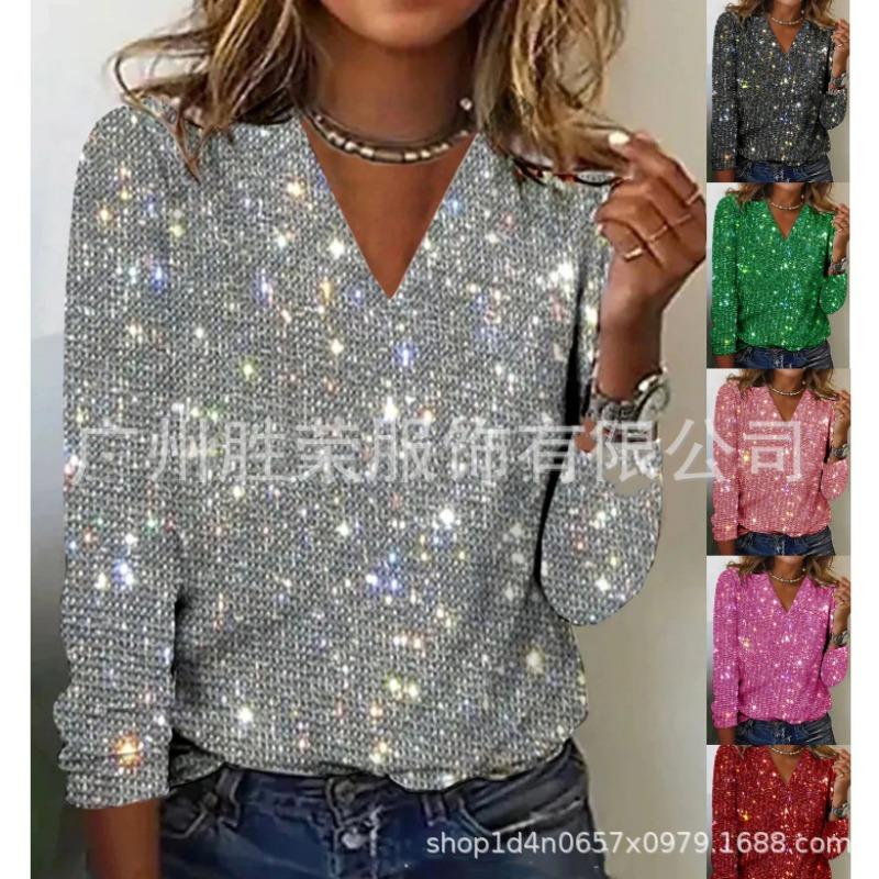 Women S Long Sleeve V Neck Sequined Pullover T Shirt