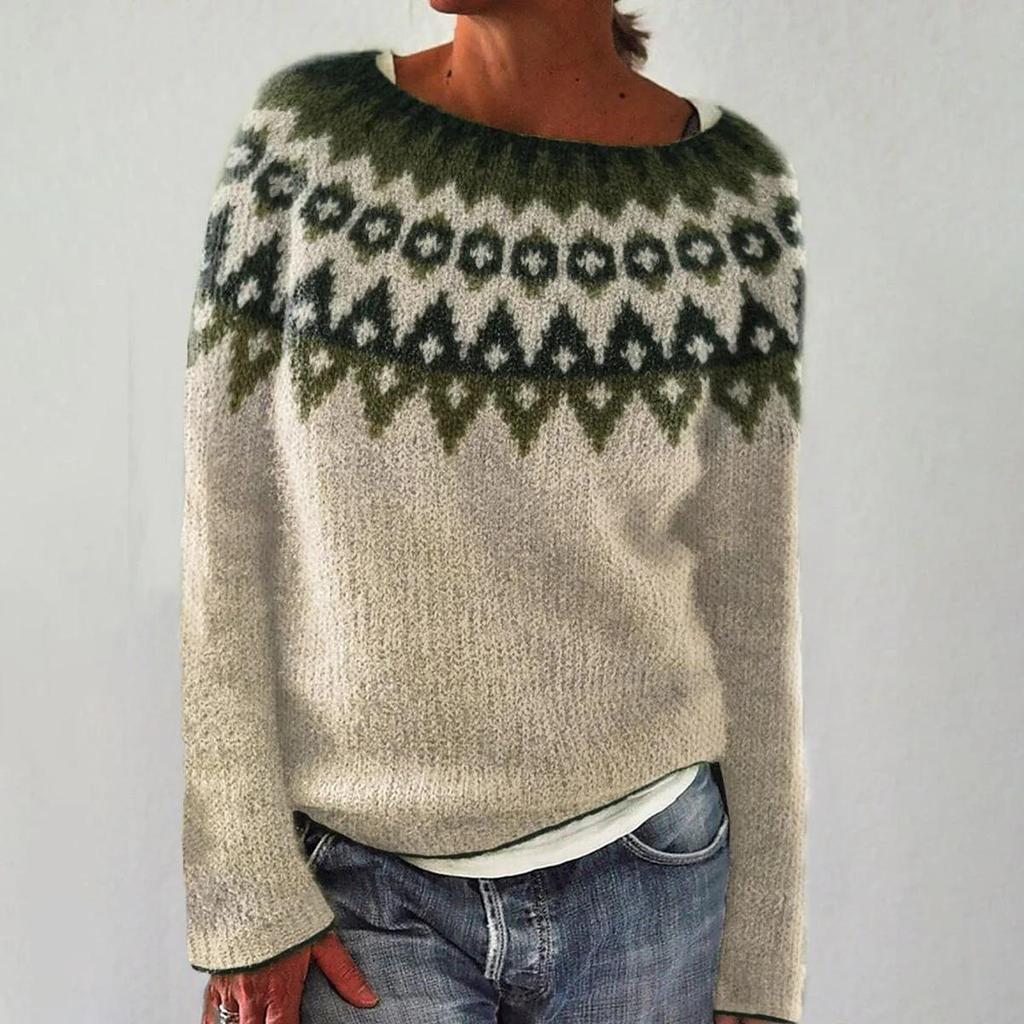 Women's Color Block Round Neck Loose Knit Pullover Sweater
