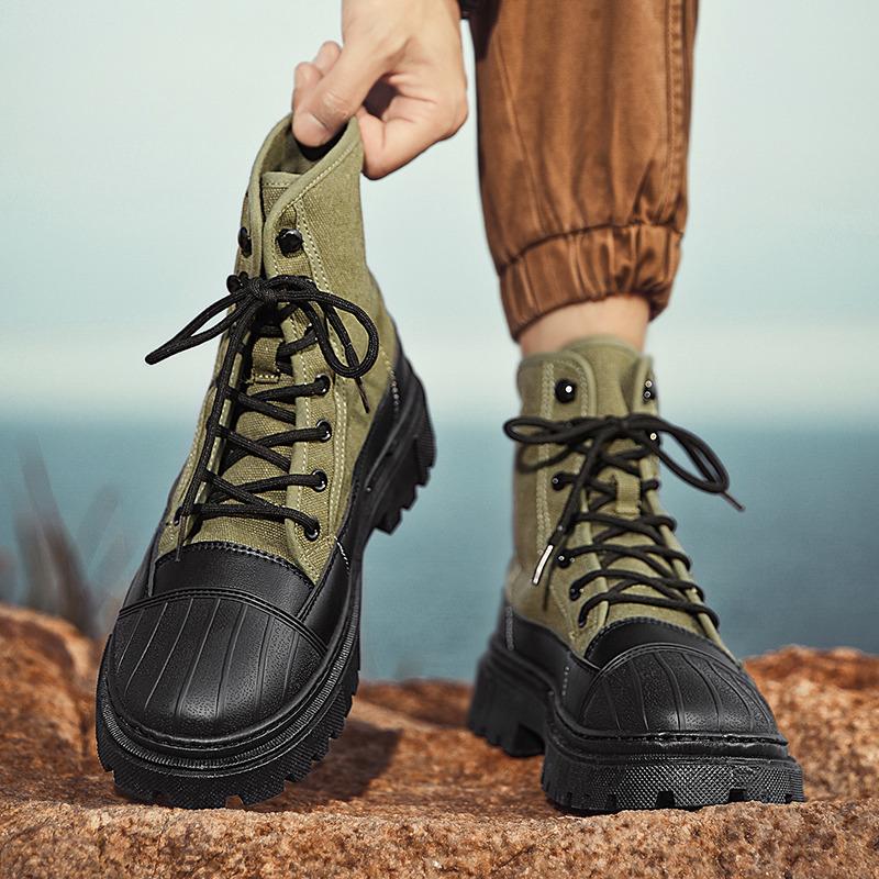 Autumn Winter Fashion Green Men Motorcycle Boot Platform Breathable Canvas Boots Men Lace-up Ankle Boots for Men Botas Masculino